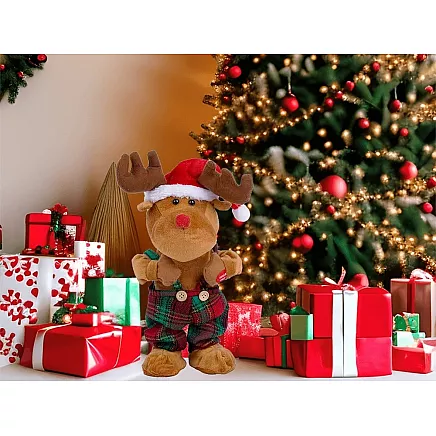 Dejojošs dziedošs Ziemassvētku ziemeļbriedis plīša rotaļlieta