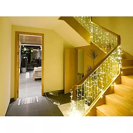 Ziemassvētku Gaismas Aizkars, Virtene uz Stieples, 300 LED, USB, Silti Balta