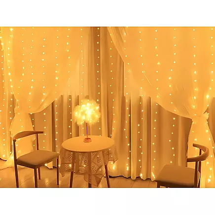 Ziemassvētku Gaismas Aizkars, Virtene uz Stieples, 300 LED, USB, Silti Balta