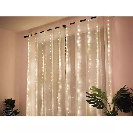 Ziemassvētku Gaismas Aizkars, Virtene uz Stieples, 300 LED, USB, Silti Balta