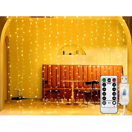 Ziemassvētku Gaismas Aizkars, Virtene uz Stieples, 300 LED, USB, Silti Balta