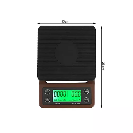 Precīzie elektroniskie kafijas virtuves svari ar taimeri 5kg 0,1g, brūni
