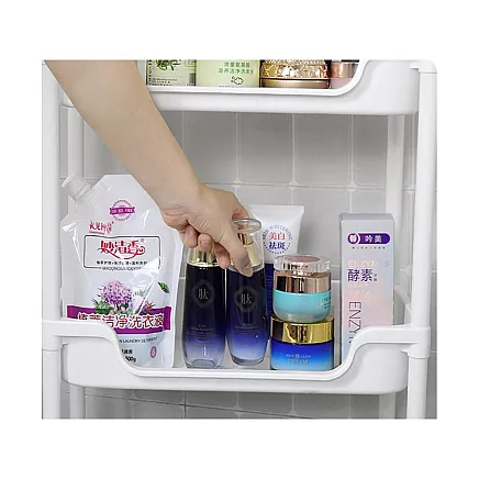 Bathroom shelf kitchen cabinet mobile bookcase on wheels 3 levels hooks