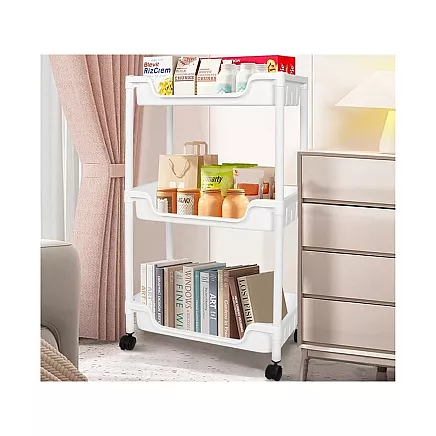 Bathroom shelf kitchen cabinet mobile bookcase on wheels 3 levels hooks
