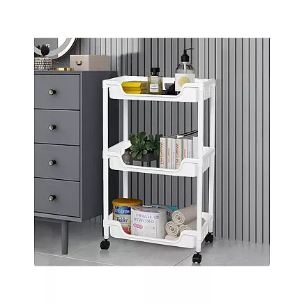 Bathroom shelf kitchen cabinet mobile bookcase on wheels 3 levels hooks