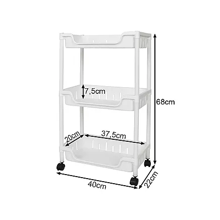 Bathroom shelf kitchen cabinet mobile bookcase on wheels 3 levels hooks