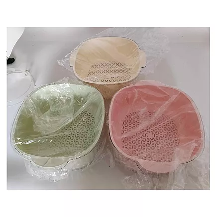 Dubultā bļoda ar sietiņu augļu mazgāšanai, plastmasa, ecru/rozā/zaļa