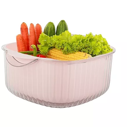 Dubultā bļoda ar sietiņu augļu mazgāšanai, plastmasa, ecru/rozā/zaļa