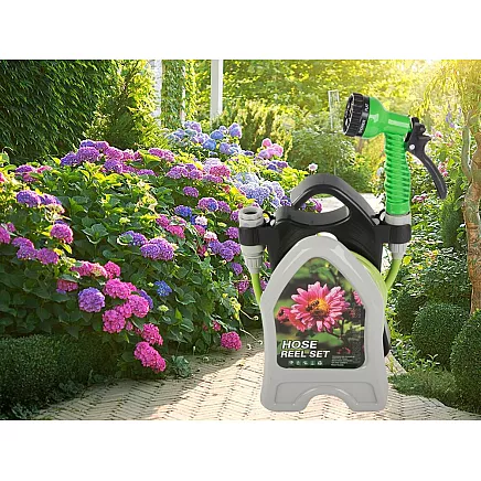 Garden waterring hose on a stand with a coiled spray gun 10m