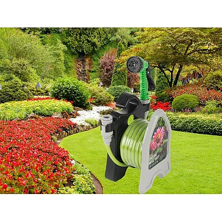 Garden waterring hose on a stand with a coiled spray gun 10m