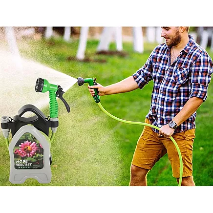 Garden waterring hose on a stand with a coiled spray gun 10m