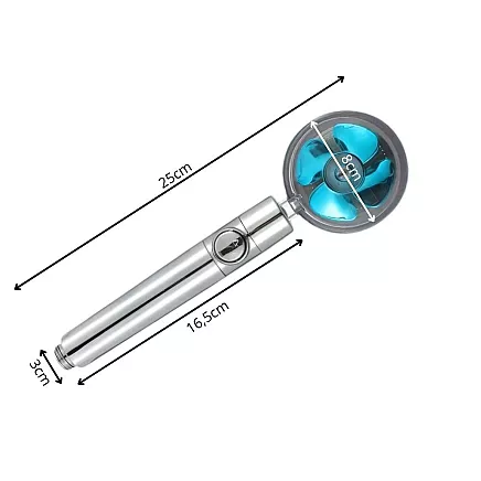 Dušas galva ar turbīnu, maināmu filtru un ventilatoru, sudraba/zila