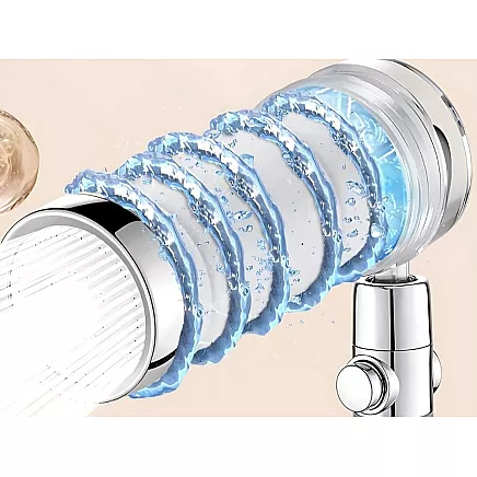 Dušas galva ar turbīnu, maināmu filtru un ventilatoru, sudraba/zila