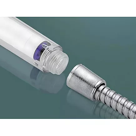 Dušas galva ar turbīnu, maināmu filtru un ventilatoru, sudraba/zila