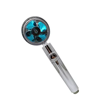 Dušas galva ar turbīnu, maināmu filtru un ventilatoru, sudraba/zila