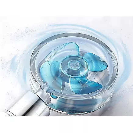 Dušas galva ar turbīnu, maināmu filtru un ventilatoru, sudraba/zila