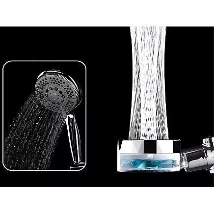 Dušas galva ar turbīnu, maināmu filtru un ventilatoru, sudraba/zila