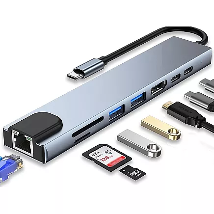Hub adapter 8in1 connector 2x usb-c thunderbolt 3 2xusb hdmi sd rj45