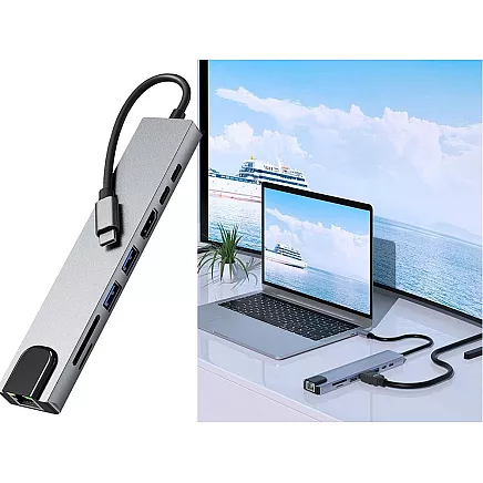 Hub adapter 8in1 connector 2x usb-c thunderbolt 3 2xusb hdmi sd rj45