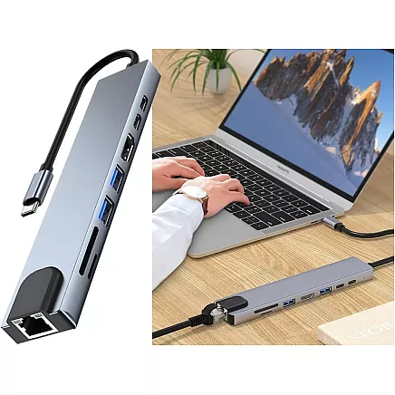 Hub adapter 8in1 connector 2x usb-c thunderbolt 3 2xusb hdmi sd rj45