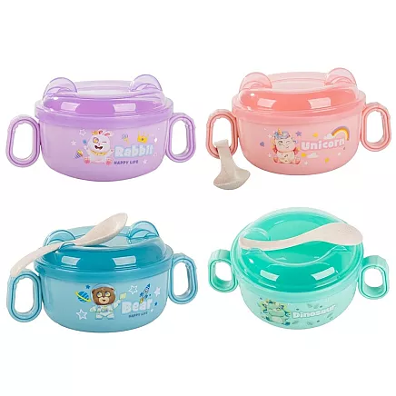 Bērnu barošanas komplekts: bļodiņa ar vāku, rokturiem un karoti