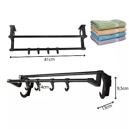 Bathroom hanger black for towels and accessories 40cm without drilling 4 hooks