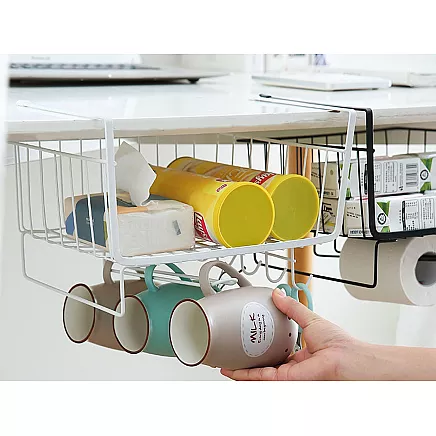 Metal basket under cabinet top 5 hooks paper holder
