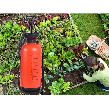 Rokas spiediena dārza smidzinātājs ar garu lance, 8L, siksna, oranžs