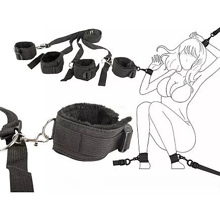 HANDCUFFS BDSM BED HARNESS SET FOR COUPLES ADJUSTABLE STRAPS BLACK