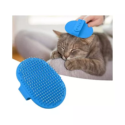 Mīksta masāžas suka suņiem un kaķiem, spalvas un pavilnas ķemme, zila