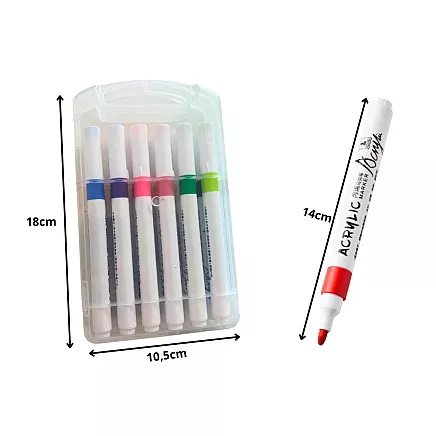 ACRYLIC MARKERS 12 PCS COLOUR FOR GLASS PLASTIC METAL WOOD + CASE