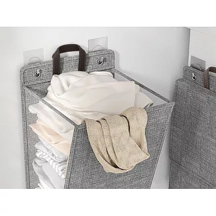 Folding laundry basket for bathroom laundry room wall door grey