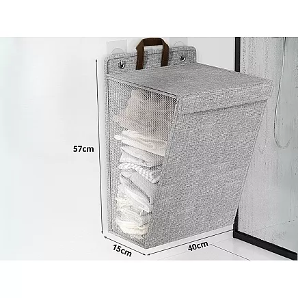 Folding laundry basket for bathroom laundry room wall door grey