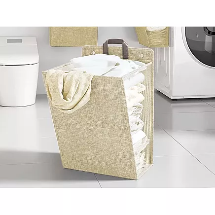 Folding laundry basket for bathroom laundry room wall door beige