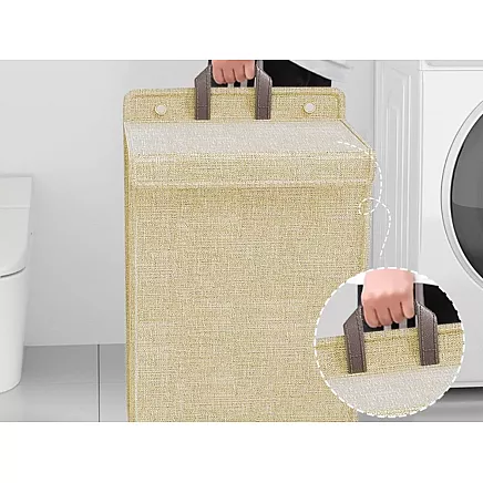 Folding laundry basket for bathroom laundry room wall door beige