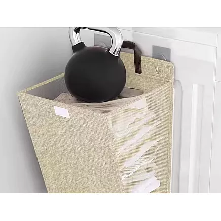 Folding laundry basket for bathroom laundry room wall door beige