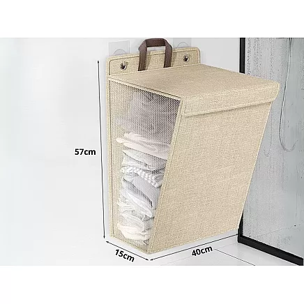 Folding laundry basket for bathroom laundry room wall door beige