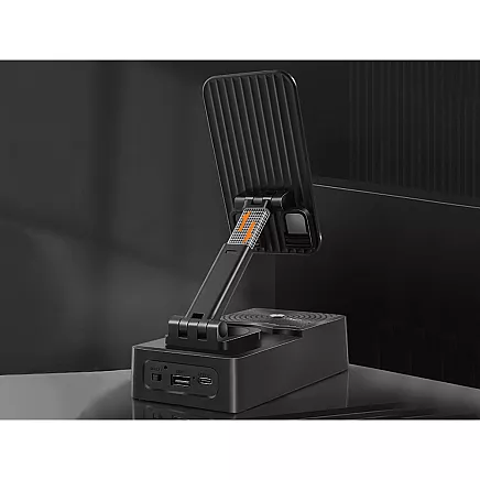 Telefona turētājs ar Bluetooth skaļruni un galda statīvs planšetdatoram, melns