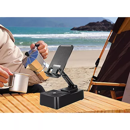 Telefona turētājs ar Bluetooth skaļruni un galda statīvs planšetdatoram, melns