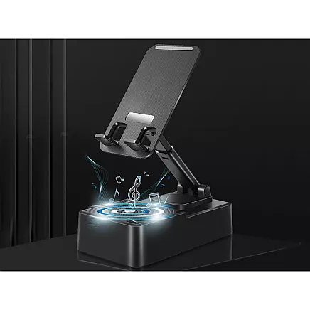 Telefona turētājs ar Bluetooth skaļruni un galda statīvs planšetdatoram, melns