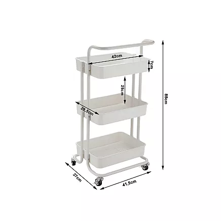 Bathroom shelf, kitchen cabinet, mobile rack on wheels, 3 levels, white