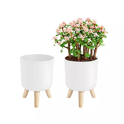 Puķu pods ar koka statīvu uz kājiņām, 14 cm, balts