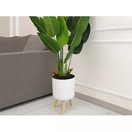 Puķu pods ar koka statīvu uz kājiņām, 14 cm, balts