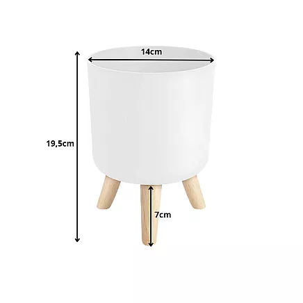 Puķu pods ar koka statīvu uz kājiņām, 14 cm, balts