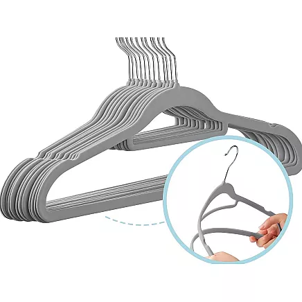 Neslīdoši velūra drēbju pakaramie, 20 gab. komplekts, pelēki