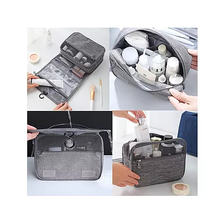 Travel cosmetics bag, hanging organiser for the bathroom, with zip, hook and handle