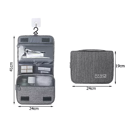 Travel cosmetics bag, hanging organiser for the bathroom, with zip, hook and handle