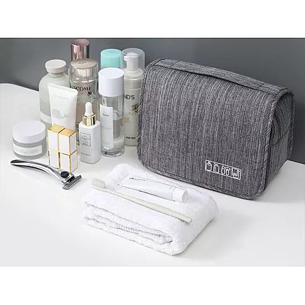 Travel cosmetics bag, hanging organiser for the bathroom, with zip, hook and handle