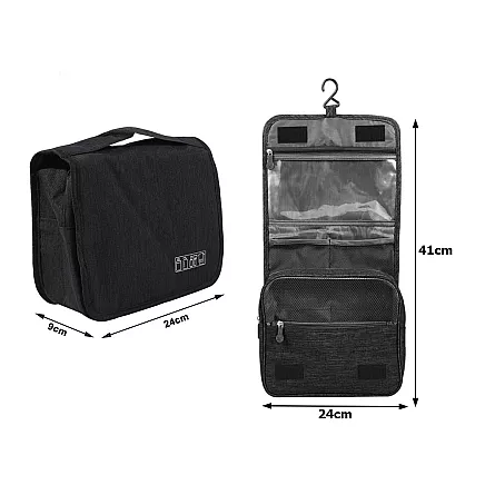 Travel cosmetics bag, hanging organiser for the bathroom, with zip, hook and handle