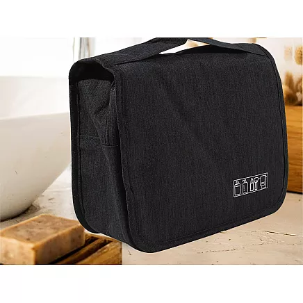Travel cosmetics bag, hanging organiser for the bathroom, with zip, hook and handle